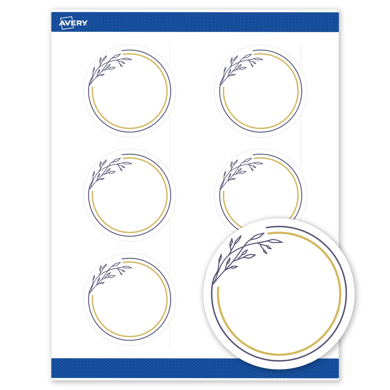 Avery Printable Round Labels, Gold & Navy Border with Florals, 3" Diameter, Matte White Round Labels, Permanent, Laser/Inkjet, 60ct, Great for Product Labels